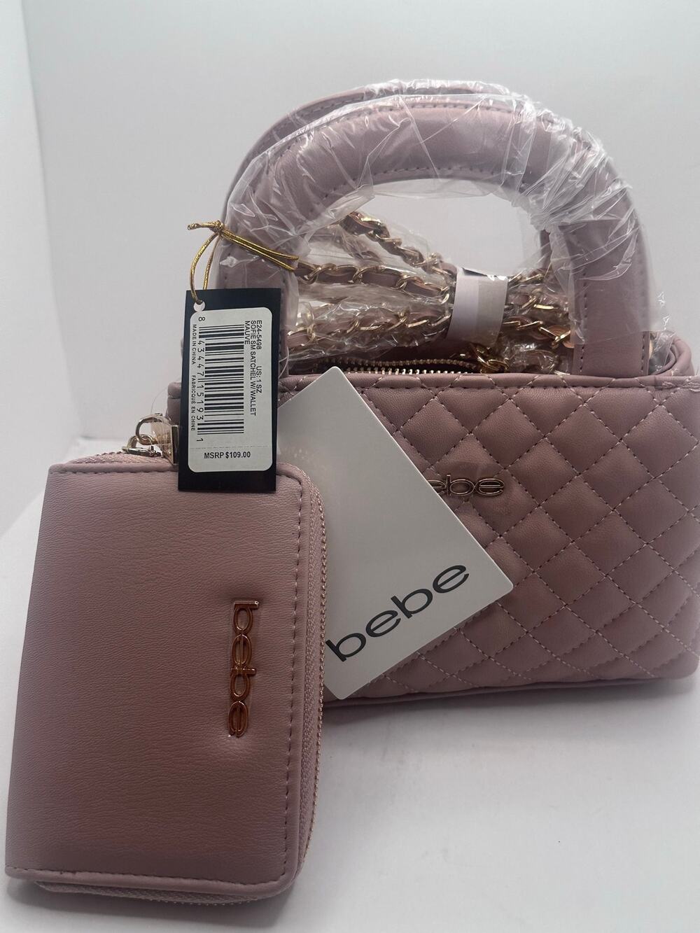 Bebe Sofie Small Quilted Satchel Handbag with Matching Wallet Mauve Pink NWT